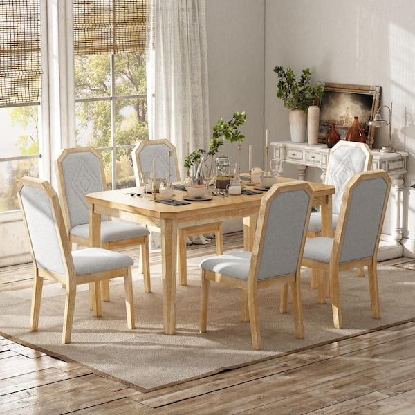 Classic Rustic 7-Piece Rectangular Natural Wood Wash MDF Top Dining Set with 6 High-Back Design Chairs
