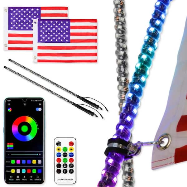 Etokfoks 3 ft. LED Whip Light RGB Waterproof Multi-Color Flagpole Lamp Bowlight for Offroad Sand Rails Buggies (2-Pack)