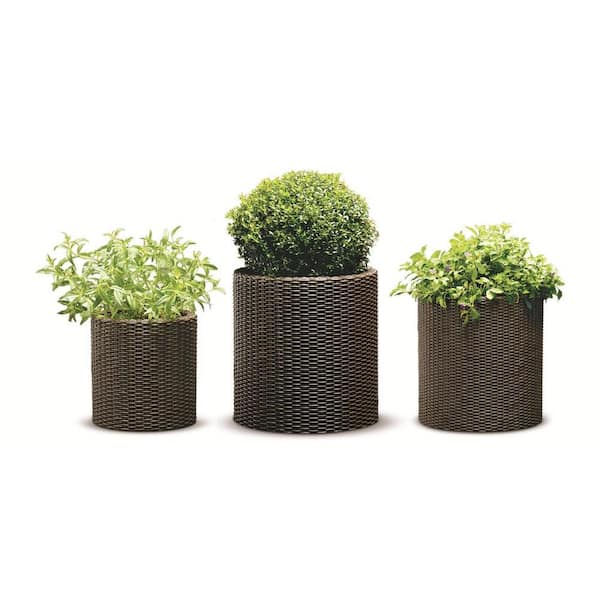 Keter Round Brown Rattan Resin Planters (Set of 3)