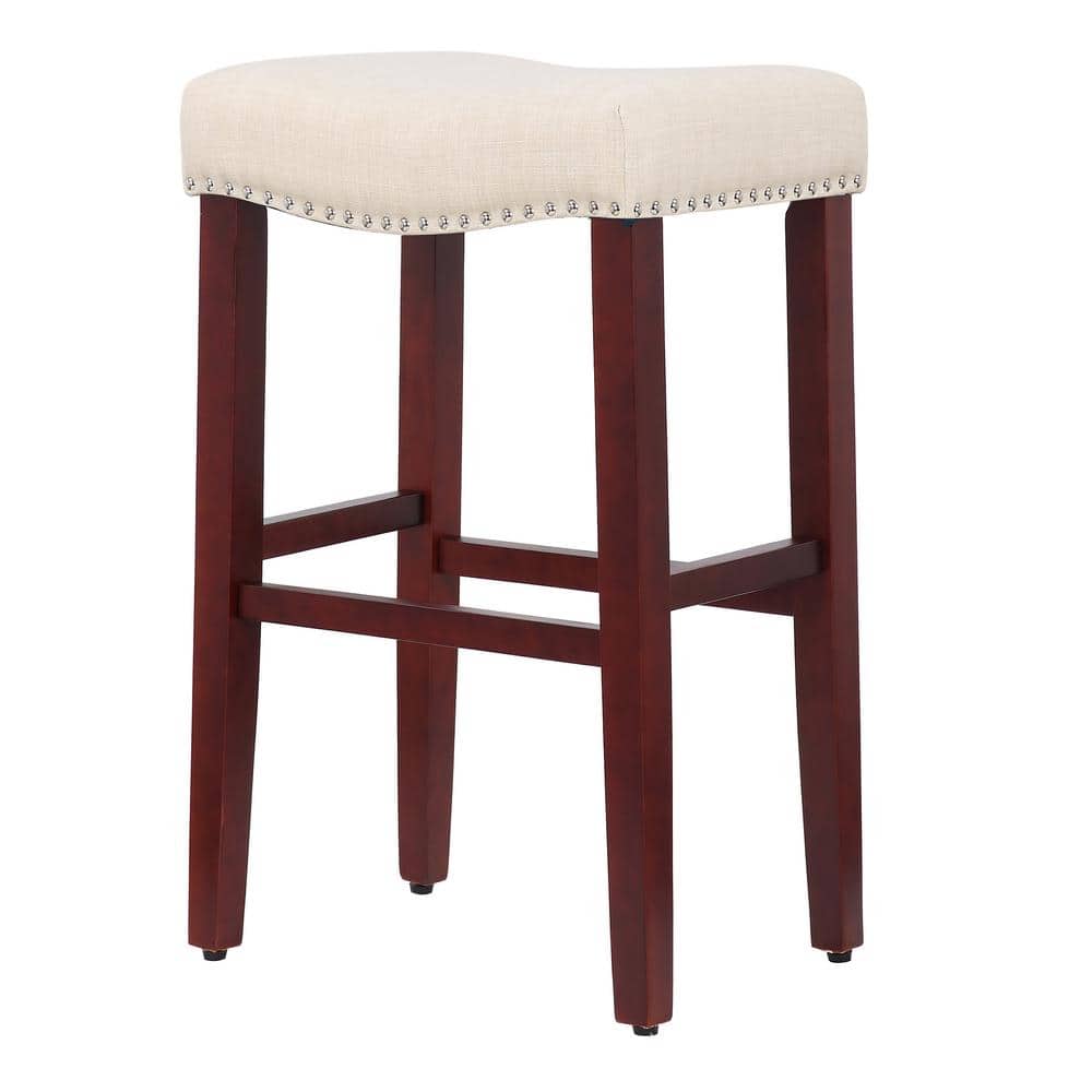 29" Beige Upholstered Backless Saddle Wood Bar Stool