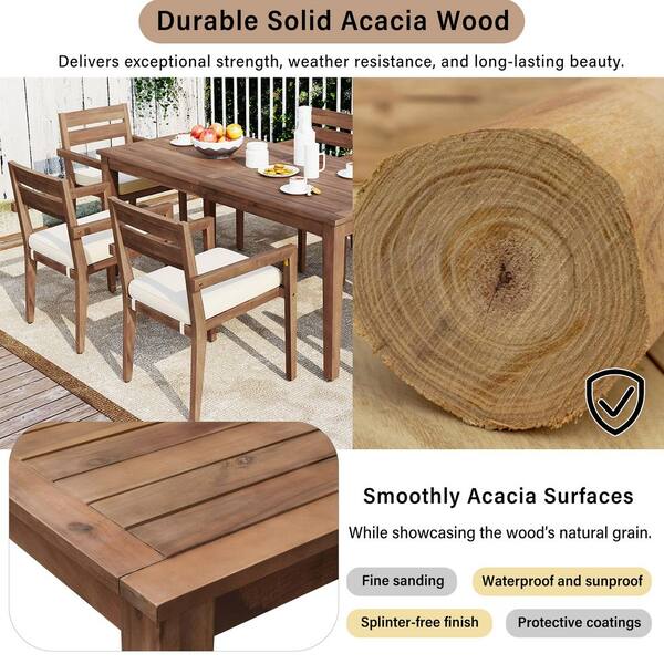 Brown 7-Piece Acacia Wood Outdoor Dining Set with Beige Cushions