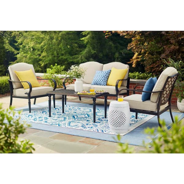 Hampton Bay Laurel Oaks Black 4-Piece Steel Outdoor Patio Conversation Seating Set with CushionGuard Putty Beige Cushions