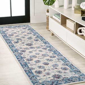 Modern Persian Vintage Moroccan Traditional Cream/Navy 2 ft. x 10 ft. Runner Rug