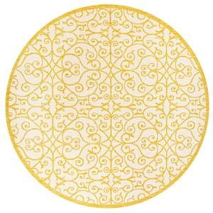 Madrid Vintage Filigree Textured Weave Cream/Yellow 5 ft. Round Indoor/Outdoor Area Rug