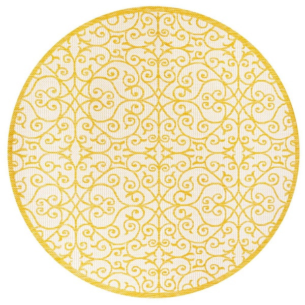 Madrid Vintage Filigree Textured Weave Cream/Yellow 5 ft. Round Indoor/Outdoor Area Rug