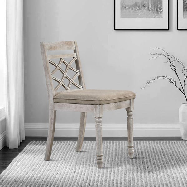 Benjara White and Tan Fabric Cross Back Design Dining Chair (Set of 2)