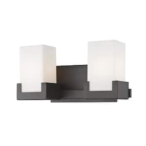 Peak 13 in. 2-Light Bronze Integrated LED Shaded Vanity Light with Clear and Matte Opal Glass Shade
