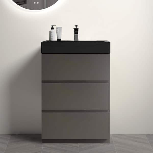 null NOBLE 24 in. W x 18 in. D x 37 in. H Single Sink Freestanding Bath Vanity in Gray with Black Solid Surface Integral Top