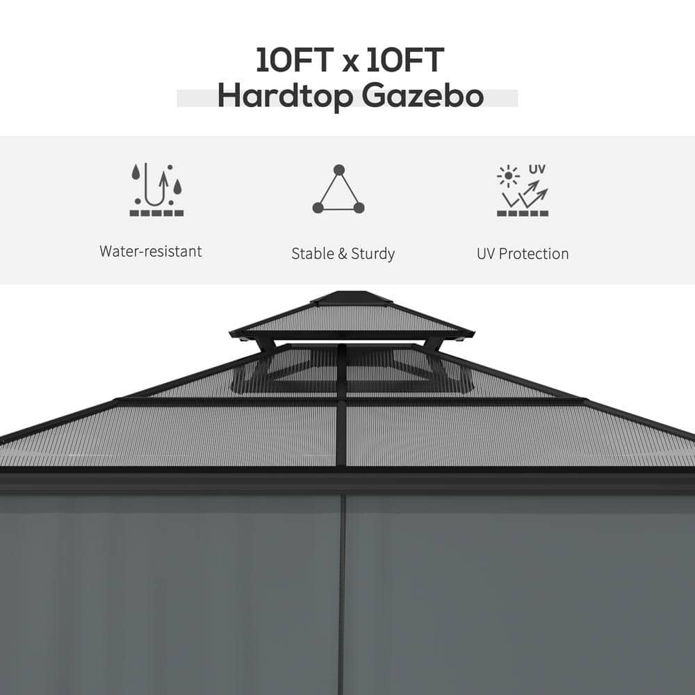 Black Aluminum Frame Hardtop Gazebo with Polycarbonate Roof and Curtains