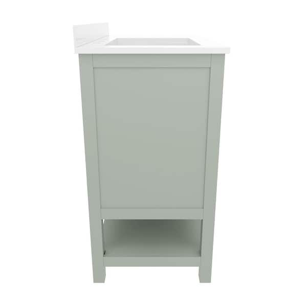 Vega 42 in. Sage Bathroom Vanity with Sink, Cabinet, Open Shelf, 3 Drawers, White Carrera Marble Finish Countertop