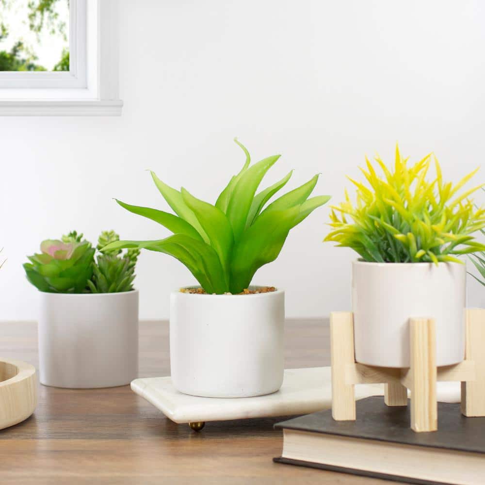 Nordic Green Artificial Aloe Plant in White Concrete Pot