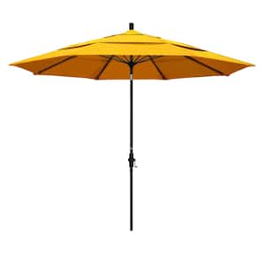 11 ft. Black Aluminum Pole Market Fiberglass Collar Tilt Crank Lift Outdoor Patio Umbrella in Sunflower Yellow Sunbrella