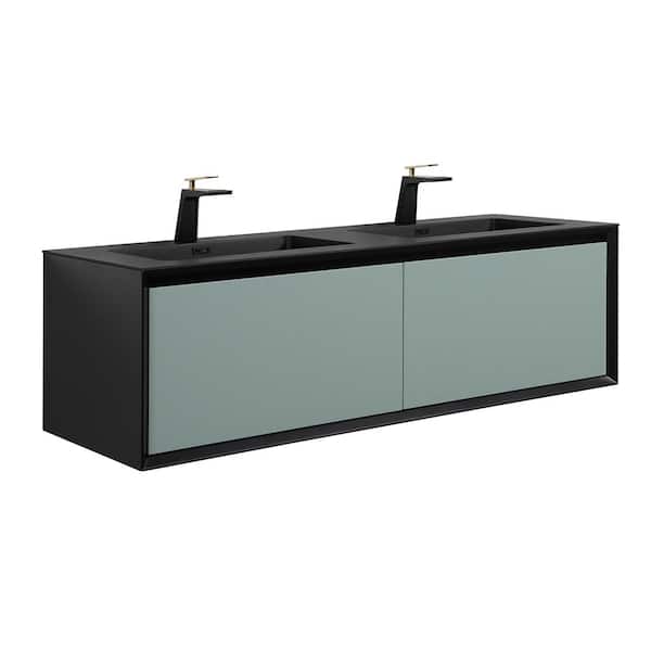 MYCASS 59.1 in. W x 20.7 in. D x 17.9 in. H Sinks Floating Bath Vanity in Olive Green with 2 Matt Black solid surface Top