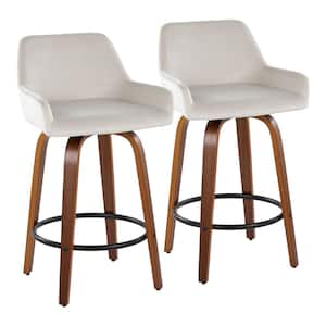 Daniella 25.5 in. White Velvet, Walnut Wood and Black Metal Fixed-Height Counter Stool (Set of 2)