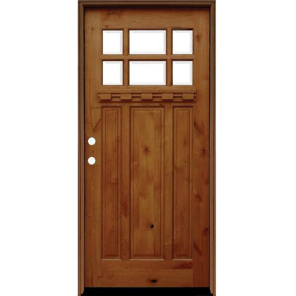 Pacific Entries 36 in. x 80 in. Craftsman Rustic 6 Lite Stained Knotty Alder Wood Prehung Front Door w/ 6 in. Wall Series & Dentil Shelf