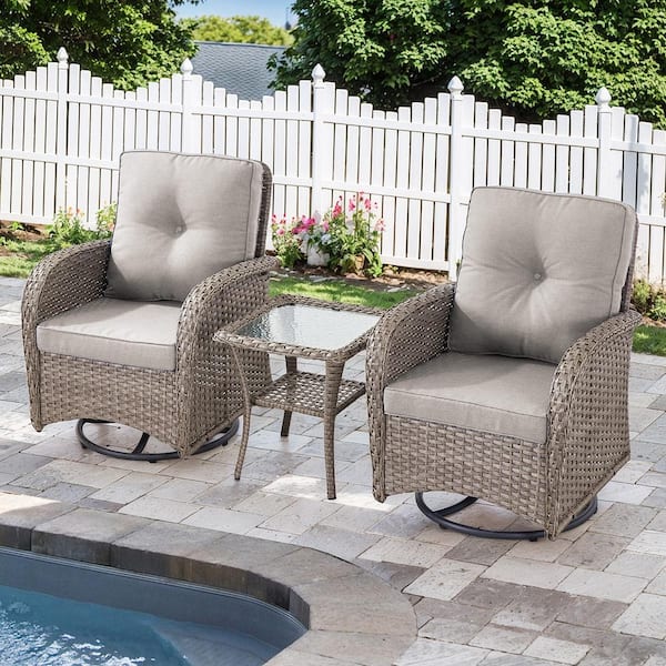 Gymojoy Carlos Gray 3-Piece Steel Outdoor Swivel Glider Wicker Patio Conversation Deep Seating Set with Beige Cushions