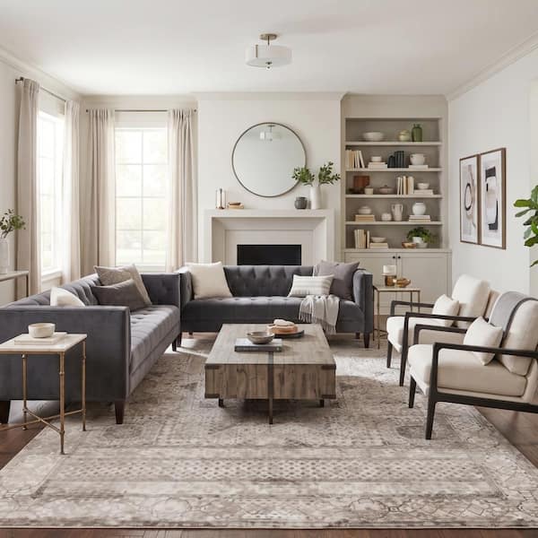 Camilla Fiona Light Gray/Ivory 3 ft. 11 in. x 5 ft. 7 in. Transitional Medallion Polyester Area Rug