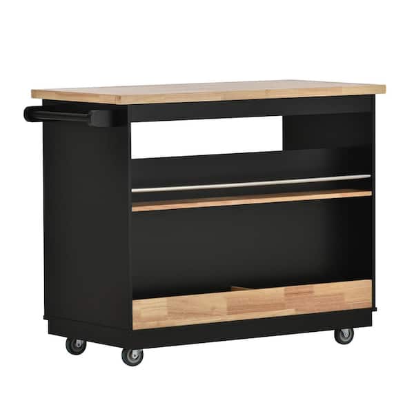 Tatahance Black Open Kitchen Cart with Solid Wood Top and 2 Drawers
