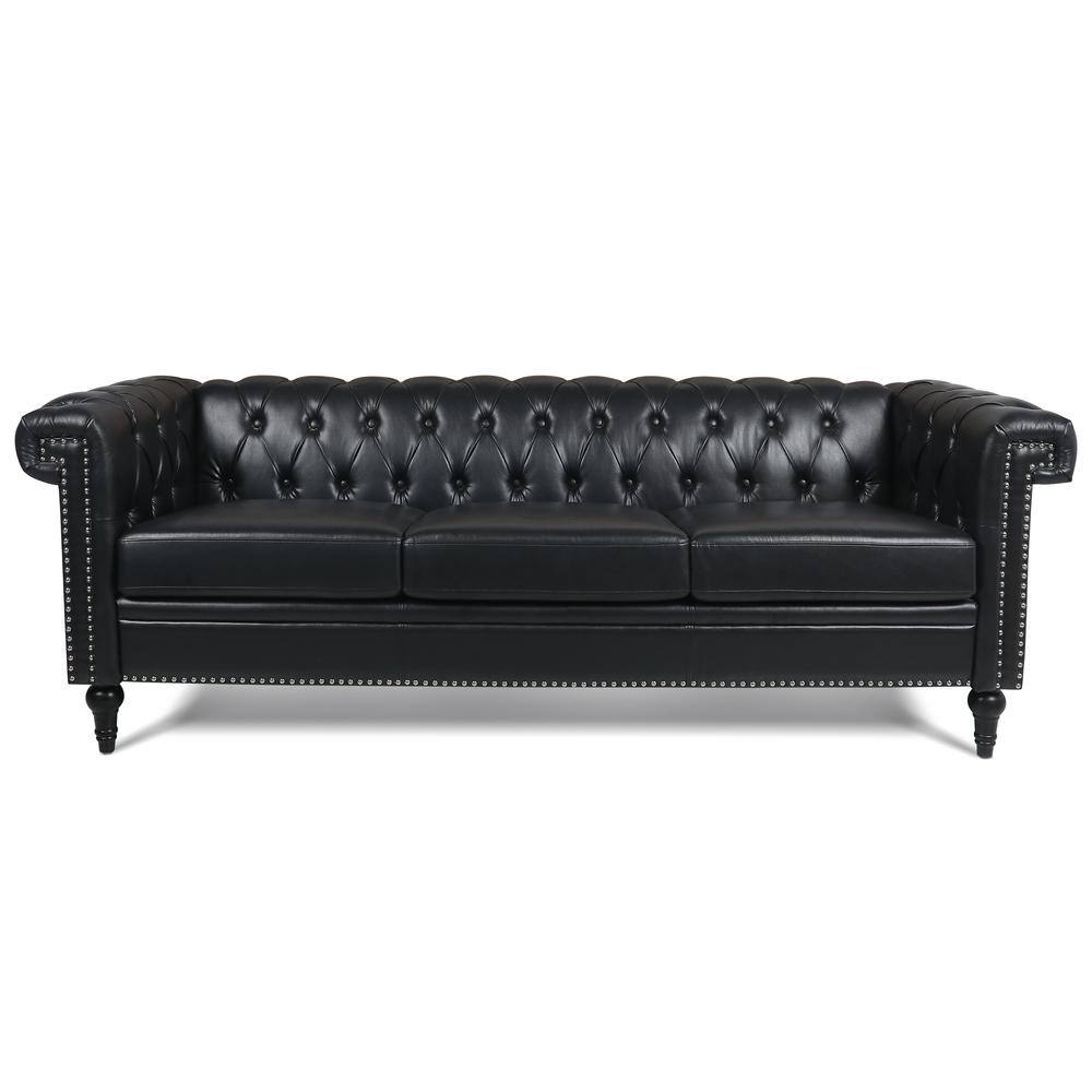 83 in.W 3-Seat Modern Rolled Arm Faux Leather Straight Tufted Sofa in Black