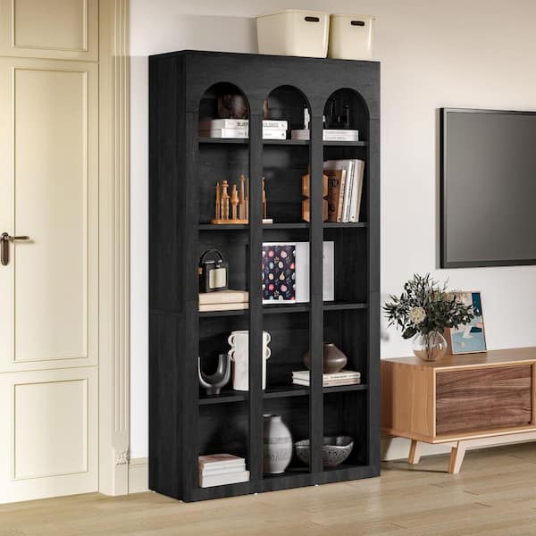 TRIBESIGNS WAY TO ORIGIN Jannelly 71 in. Tall Black Engineered Wood 5-Shelf Bookcase, Farmhouse Vintage Arched Bookshelf for Home Office