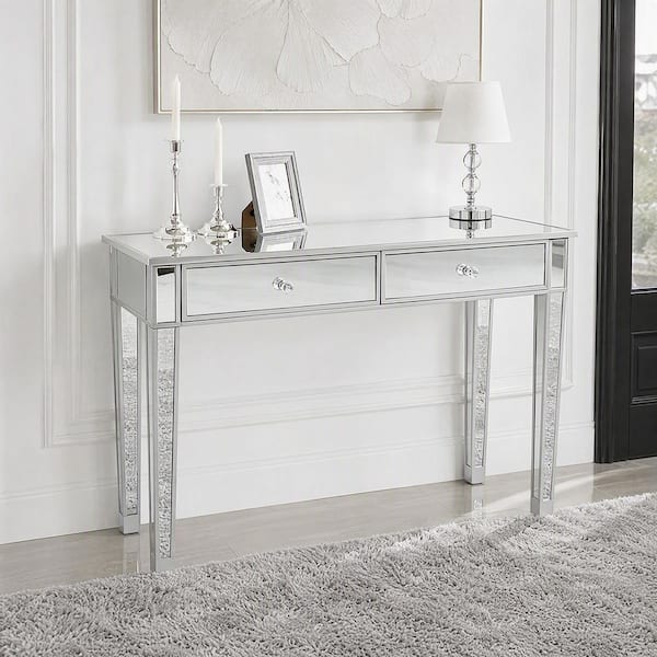 Silver Mirrored Makeup Table Desk Vanity Tables for Women with 2-Drawers