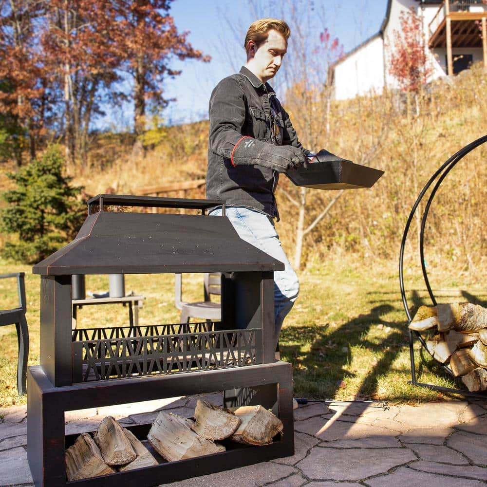 Bronze Steel Outdoor Fireplace with Log Storage and Pavilion Roof