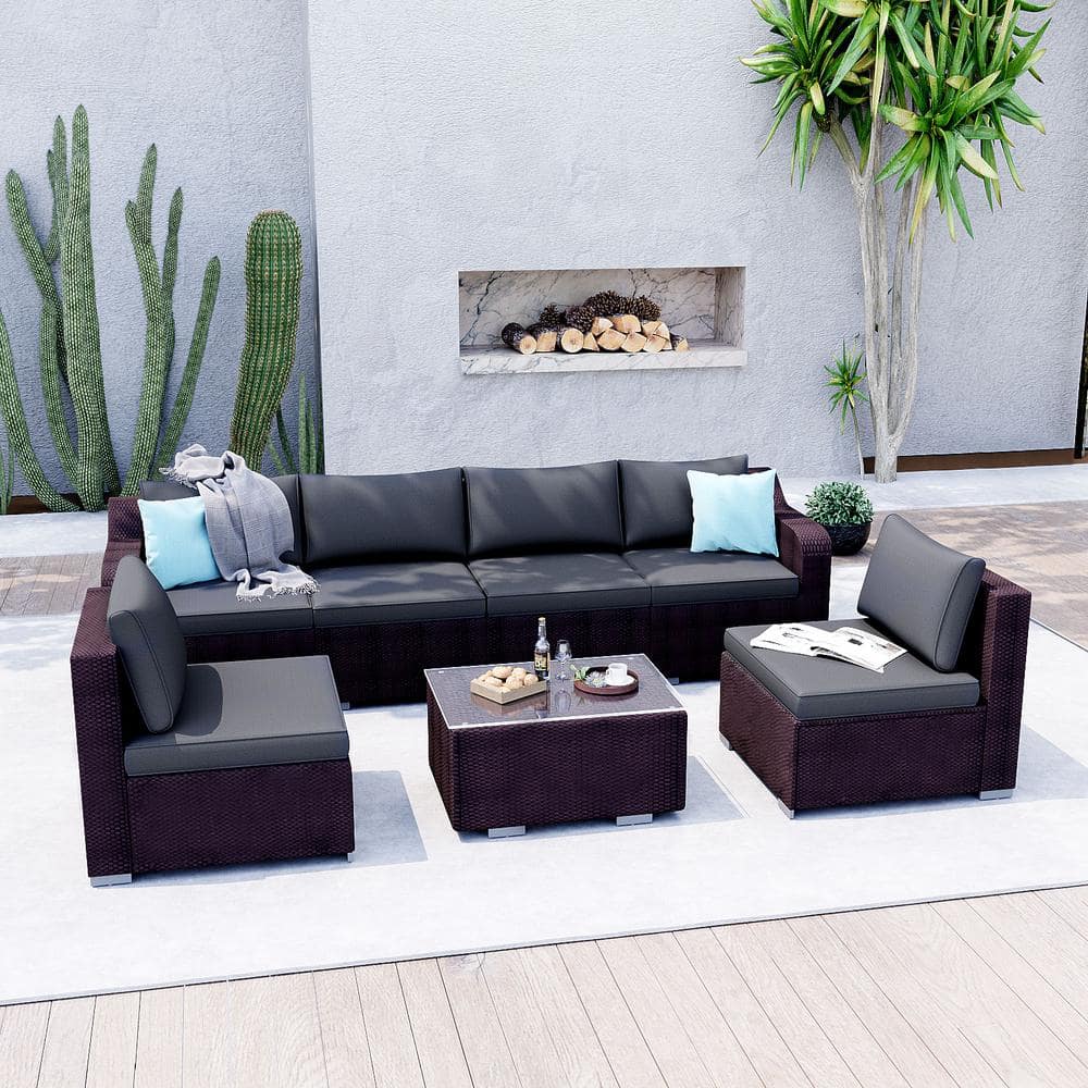 7 Pieces Wicker Patio Conversation Set with Gray Cushions, 400 lbs Capacity