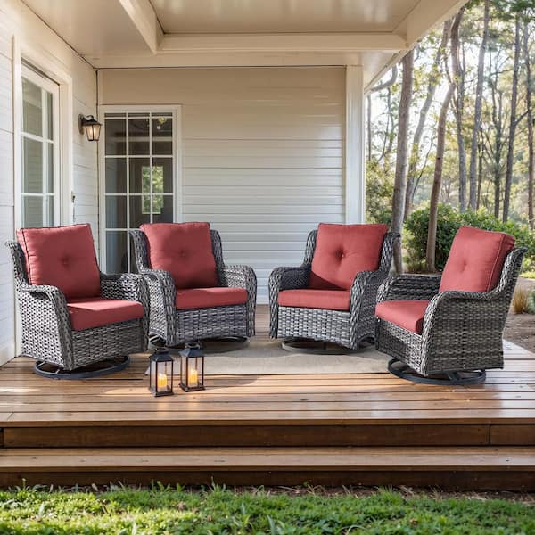moosprr 4-Piece Gray Swivel Glider Wicker Outdoor Rocking Chair with Red Cushions and Curved Armrest