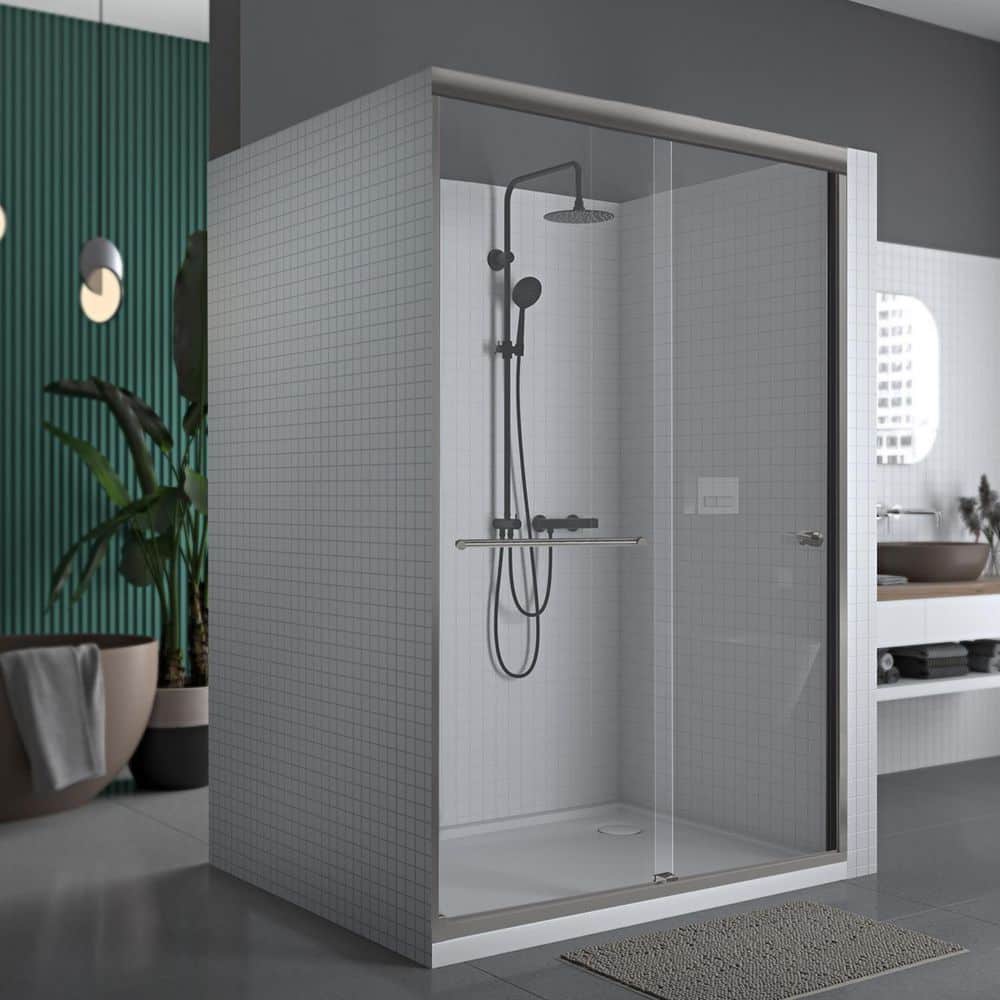 60" x 70" Nickel Semi-Frameless Double Sliding Shower Door