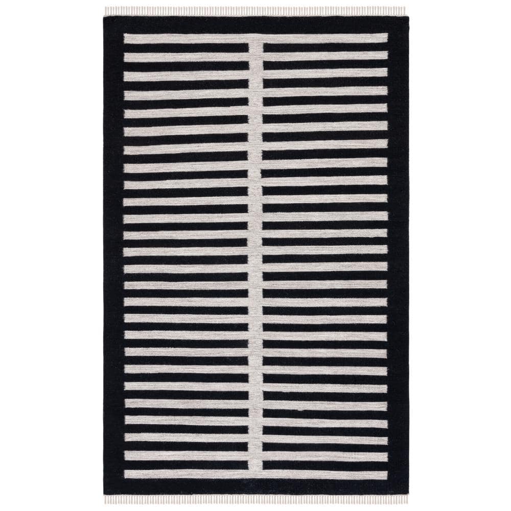 Black and Beige Striped Wool Flat Woven Area Rug