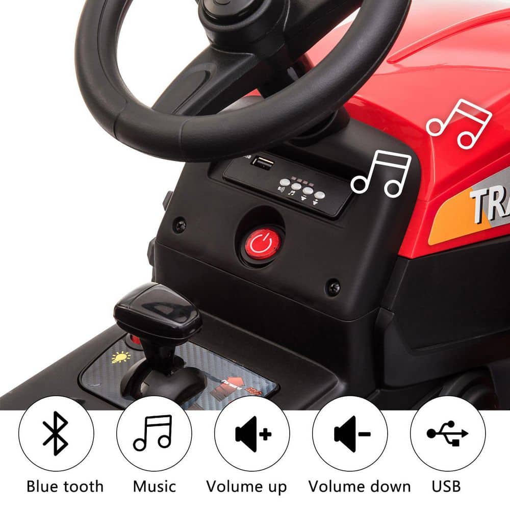 Red 12V Kids Ride-On Tractor with Trailer and LED Lights