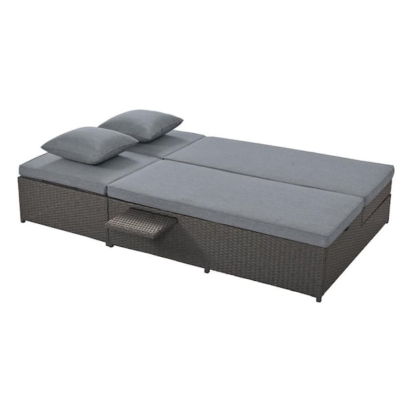 Mondawe Dark Gray Wicker Outdoor Day Bed with Gray Cushions