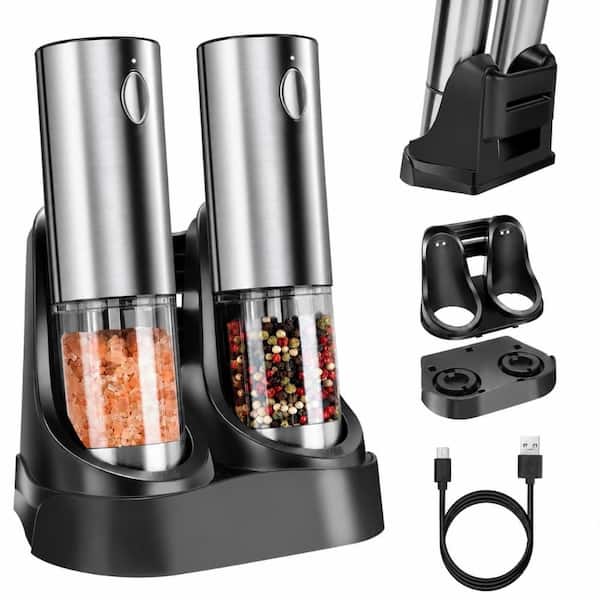 One-Hand Automatic Electric Pepper and Salt Grinder Mill with LED Light and Adjustable Coarseness, Black