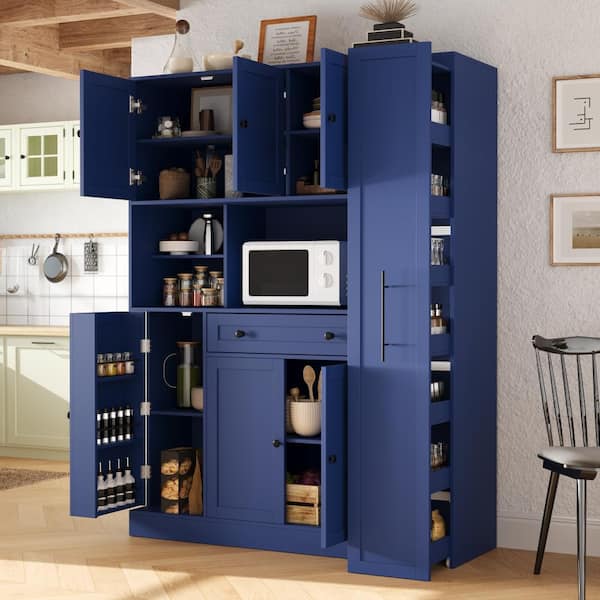 70 in. Blue Freestanding Large Kitchen Pantry with Pull-Out Side Cabinet, Door Shelves and Drawer
