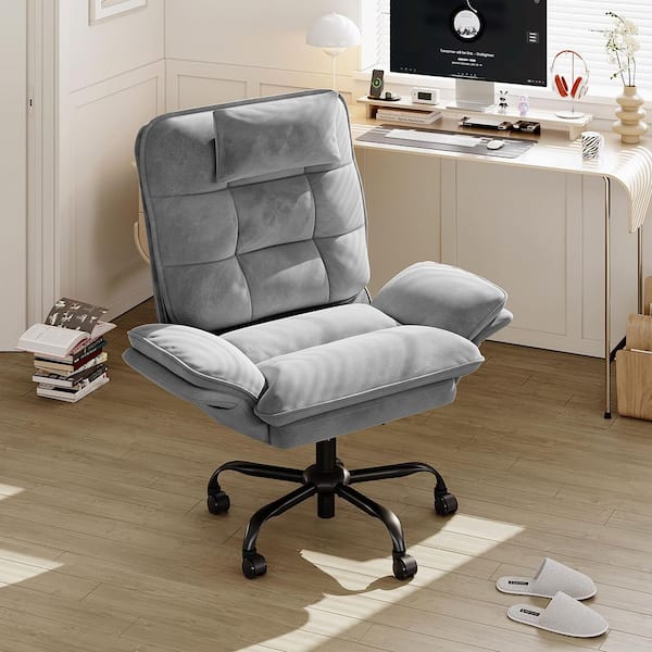 Velvet Adjustable Height Cross-Legged Office Chair in Gray w/ Flip-up Arms, High-Back Executive Chair with Headrest