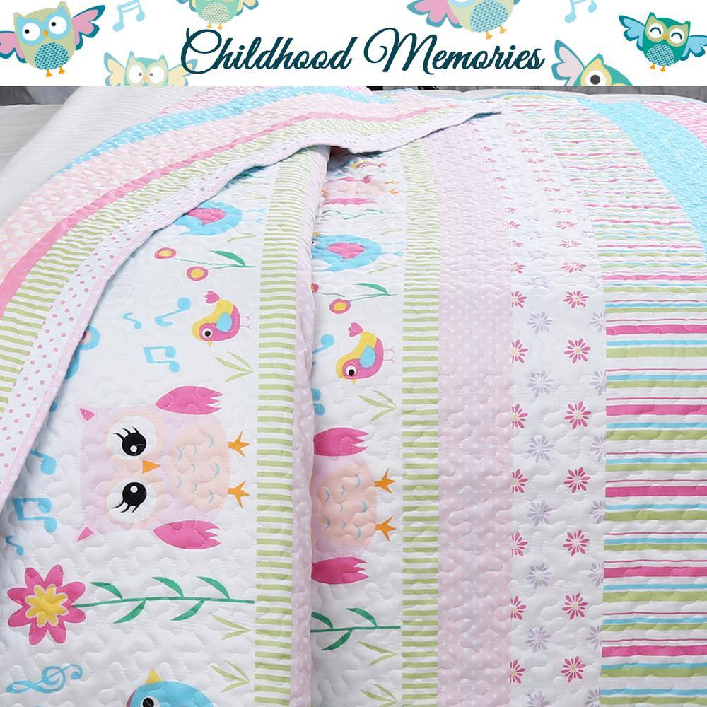 Pink and White Owl Patchwork Twin Microfiber Quilt Set