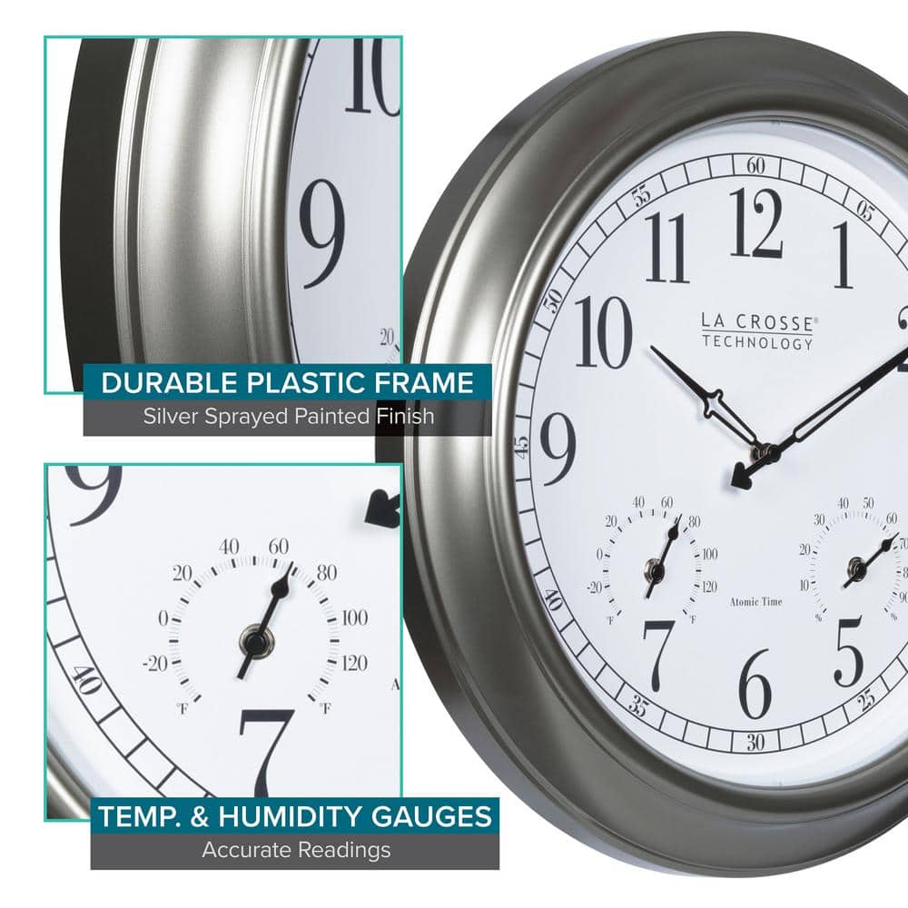18" Silver Atomic Outdoor Clock with Thermometer and Hygrometer