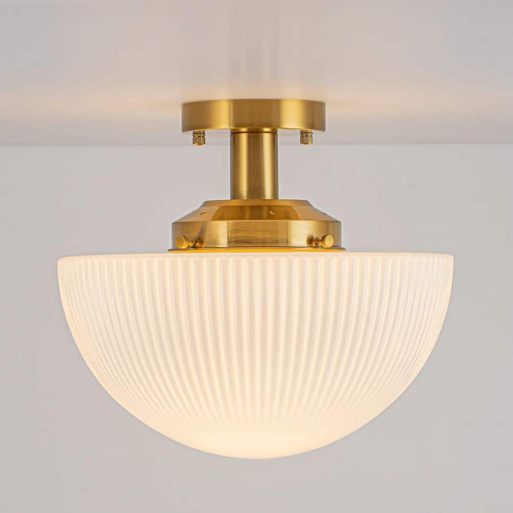 14.17 in. 1-Light Round Brushed Brass Iron Semi-Flush Mount Ceiling Light with Ribbed Frosted Glass Shade for Foyer price history on PriceWatchPro