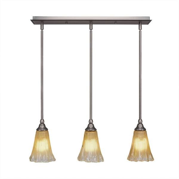 Unbranded Livingston 100-Watt 3 Light Nickel, Linear Pendant Light with 5.5 in. Amber Crystal Glass Shade, No Bulbs Included