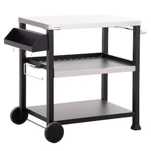 32 in. x 20.5 in. 3-Shelf Grill Cart with Sliver Stainless Steel Tabletop, Side Handle, 2 Wheels, Tool Hooks, Black