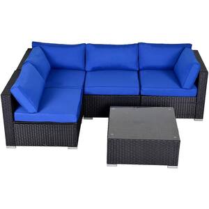 Black 5-Piece PE Wicker & Steel Outdoor Sectional Sofa Loveseat Conversation Set & Coffee Table with Royal Blue Cushions