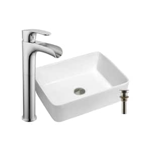 18-3/4 in. x 14-1/2 in. White Rectangular Bathroom Ceramic Vessel Sink w/ Waterfall Faucet in Polished Chrome and Drain