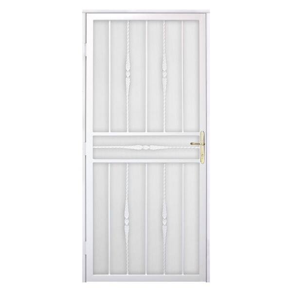 Unique Home Designs 36 in. x 80 in. Cottage Rose White Left-Hand Recessed Mount Security Door with Perforated Screen and Brass -DISCONTINUED