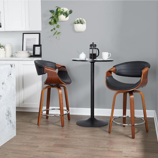 Symphony 24 in. Walnut Wood and Black Faux Leather Fixed-Height Counter Stool with Round Chrome Footrest (Set of 2) LYW