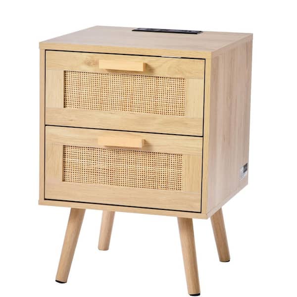 SKYSHALO Rattan Nightstand, Boho Bedside Table with 2 Drawers, with Solid Wood Legs, Rattan Bedside Table with Charging Station