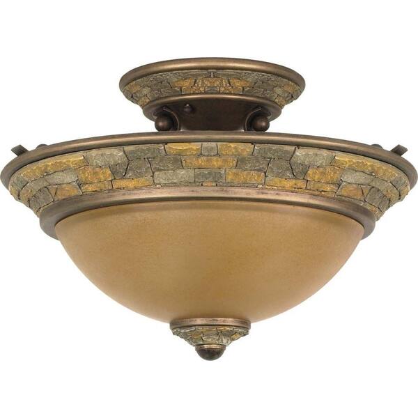 Glomar Rockport Tuscano 2-Light SemiFlush withSepia Colored Glass Shades Finished in Dorado Bronze-DISCONTINUED
