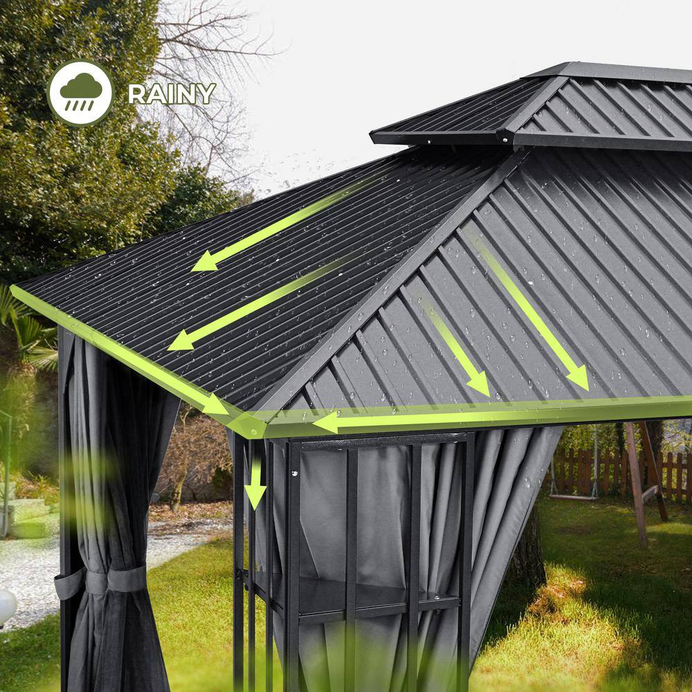 Gray Aluminum Double Roof Patio Gazebo with Curtains