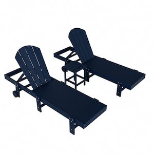 Laguna 3-Piece Outdoor Patio Adjustable HDPE Reclining Adirondack Chaise Lounger with Wheels, Side Table Set, Navy Blue