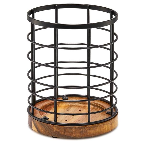 Black Metal Utensil Holder with Wooden Base for Kitchen Countertop Organizer, 6 in. x 6 in. x 7.5 in.
