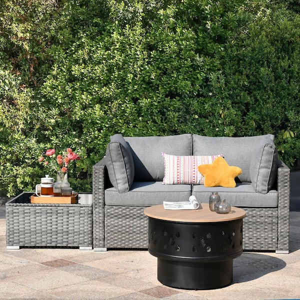 Toject Sanibel Gray 4-Piece Wicker Outdoor Patio Conversation Sofa Set with a Wood-Burning Fire Pit and Dark Gray Cushions